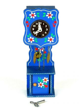 Vintage W Germany Mini Clock Key Wood Hand Painted Blue Flower Grandfather