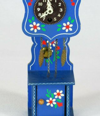 Vintage W Germany Mini Clock Key Wood Hand Painted Blue Flower Grandfather 2