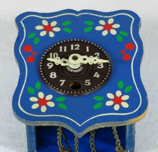 Vintage W Germany Mini Clock Key Wood Hand Painted Blue Flower Grandfather 3