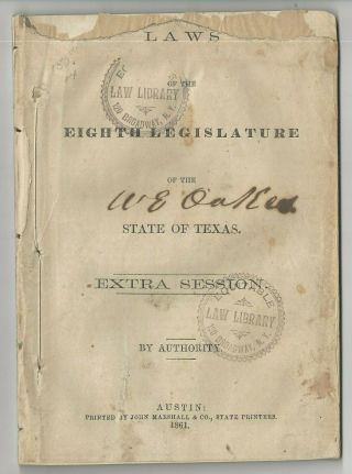 Laws Of Texas 1861 Confederate Imprint
