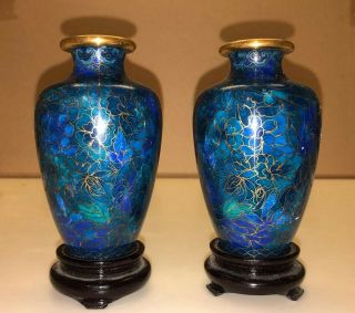 Flower Design Cloisonne Vases Urns Blue Green Enamel Wood Stands Chinese 4.  25 "