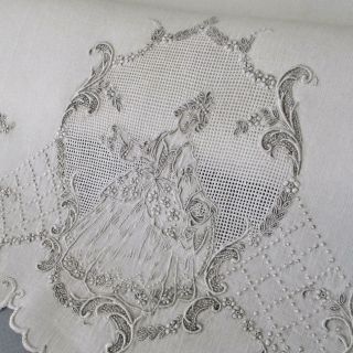 Vintage Appenzell Hand Embroidered Linen Towel French Lady W Flowers