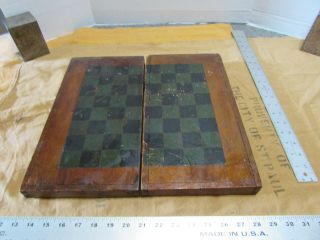Vintage Backgammon Chess Checkers Board Set Folk Art Wood 1930 