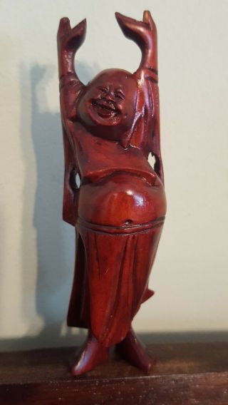 Vintage Happy Buddha Hand With Arms In The Air Carved Rose Wood 4 " Figurine