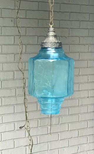 Vintage Retro Mid Century Modern Blue Crackle Glass Hanging Swag Lamp