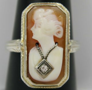 Antique / Vintage 14k White Gold Cameo Woman W/ A Diamond Necklace In Ring