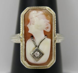 ANTIQUE / VINTAGE 14K White Gold CAMEO Woman w/ a DIAMOND Necklace in Ring 2