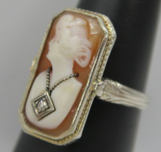 ANTIQUE / VINTAGE 14K White Gold CAMEO Woman w/ a DIAMOND Necklace in Ring 3