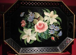 Gorgeous Vtg Pierced Hand Painted Black W/ Pink Purple Roses Flowers Tole Tray