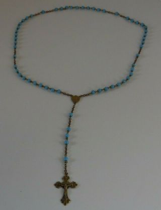 Vintage Catholic Rosary Necklace With Brass Cross Pendant Blue Beads