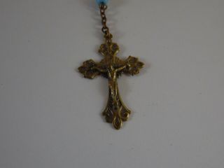 vintage catholic rosary necklace with brass cross pendant blue beads 2