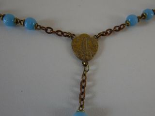 vintage catholic rosary necklace with brass cross pendant blue beads 3
