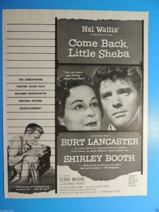 1953 Come Back Little Sheba - Burt Lancaster - Shirley Booth - Paramont Movie Photo Ad