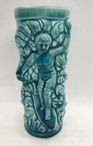 Vintage Orchids Of Hawaii Tiki Mug Vase Surfer Blue Ceramic Japan 7 " Tall
