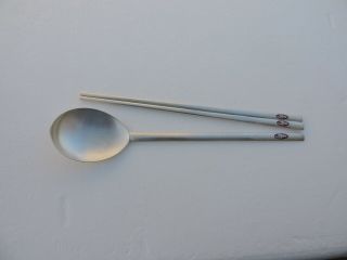 Vintage Korean Sterling Silver 999 Enamel Spoons Chopstcks 116 Gr 4.  1 Oz Korea