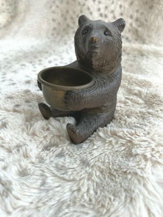 Vintage Black Forest Wooden Bear Sitting W/ Brass Cup Antique Hand Carved 3.  25 "