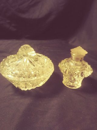 Vintage Set Of Glass Trinket Dish W/ Lid & Perfume Bottle W/ Stopper