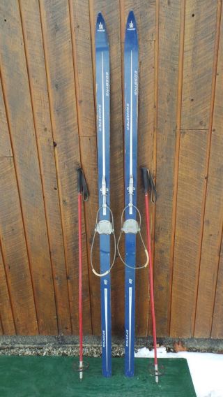 Vintage Skis 77 " Long With Light Blue Finish On The Wood,  Bindings With Poles