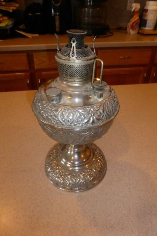 Antique Edward Miller Nickel Plated Kerosene Oil Lamp 10.  5 "