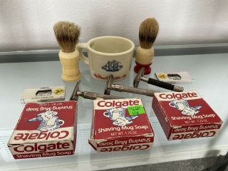 Vintage Old Spice Shaving Mug,  2 Brushes,  3 Nib Colgate Soap Refill & 3 Gillette