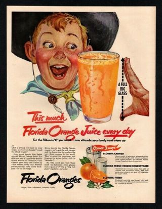1952 Florida Oranges - Little Kid Dresses As Cowboy Excited To Drink Vintage Ad