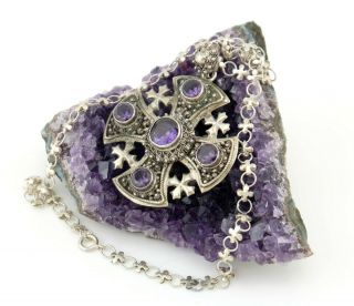 Vtg Sterling Silver Purple Amethyst Jerusalem Cross Necklace