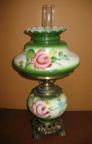 Vintage Gwtw Parlor Lamp Green Pink Rose Flower Gone With The Wind Large 3 Way