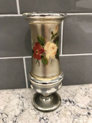 Antique Hand Blown Victorian Silver Mercury Glass Vase Hand Painted Flower