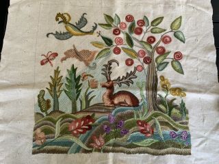 Vintage Jacobean Flower Tree Crewel Embroidery Stitching Deer Artwork Unfinished