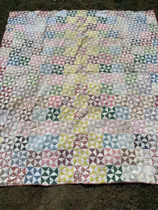 Vtg Large Hand Stitched Hour Glass Bow Tie Patchwork Quilt Handmade 100” X 92”