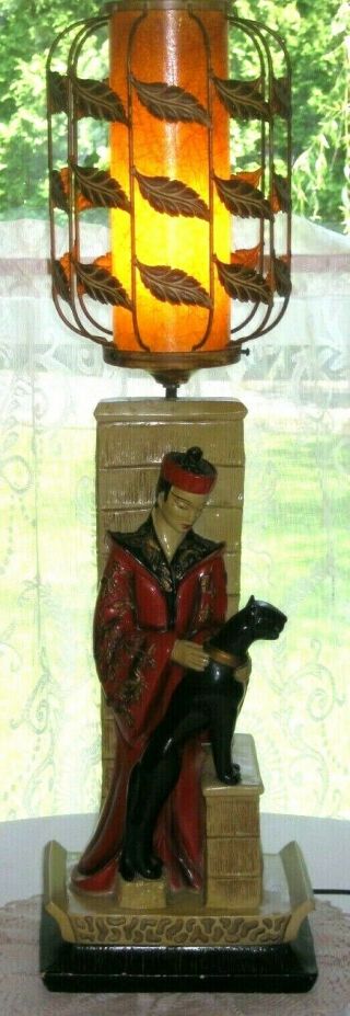 Vintage Asian Man And Black Panther Table Lamp 1950 Continental Art Chalkware