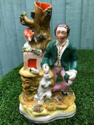 Mid 19thc Staffordshire Male Figure With Rabbit & Fox Spill Vase C1860s