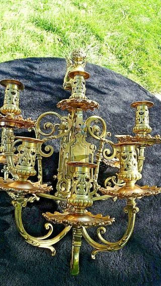 Baroque Antique Ornate European Bronze Brass 8 Candelabra Wall Sconce Pair