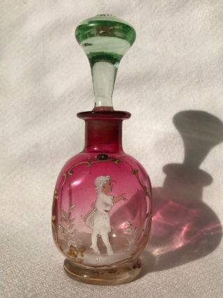 Antique Mary Gregory Enameled Cranberry Glass Scent Perfume Bottle Circa 1900 Nr