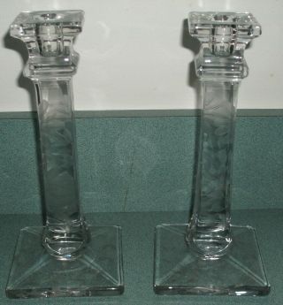 Vintage Lead Glass Lavender Tint Pillar Candlesticks Etched Deco 8.  5 " Columns
