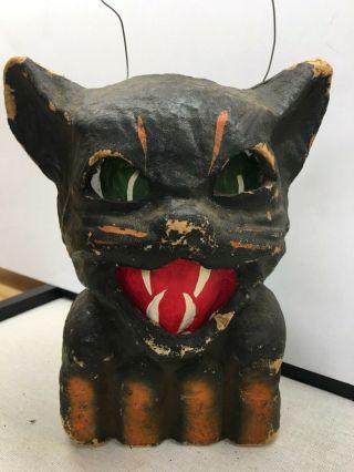 Antique Vintage Halloween Black Cat On Fence Paper Mache Jack - O - Lantern