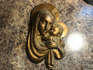 Vintage Religious Chalkware Mother Mary & Baby Jesus Wall Hanging