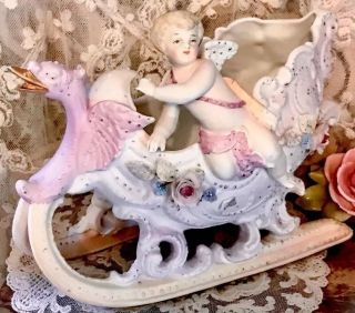Antique German Bisque Swan Sleigh W/cherub/cupid & Applied Flowers Pink
