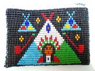 Vintage Native American Indian Beaded Black Coin Purse Teepee Pipe Chief Design