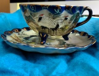 Antique Tea Cup & Saucer Japan Footed Hallmark Hand Painted Blue White
