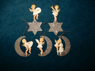 5 Vintage Glitter Moon & Stars Hard Plastic Angel German Ornaments All Different