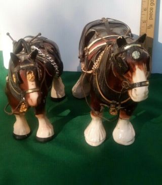 Vtg Pair Ceramic Porcelain Clydesdale Horses Figurines W/leather - Like Straps