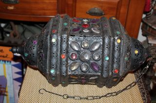 Vintage Moroccan Style Hanging Chandelier Candle Holder Colorful Crystals Large