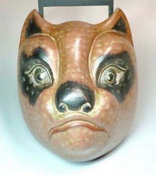 Vintage Bali Indonesia Hand Carved Polychrome Wood Cat Face Mask 8.  75 " High