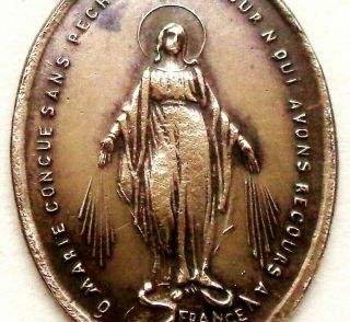 Antique Bronze Miraculous Medal Pendant Of Holy Virgin Mary
