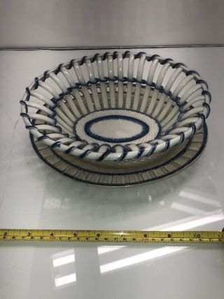 Rare 19th C.  English Creamware Pearlware Blue Feather Edge Chestnut Basket Wow