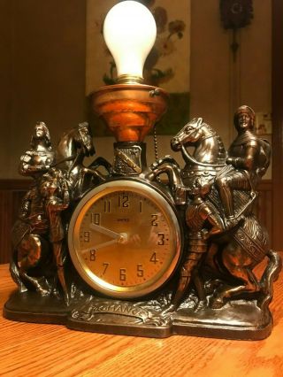 Antique 1933 United Medieval Gothic Figural " Romance " Clock Horses Cupid Lamp