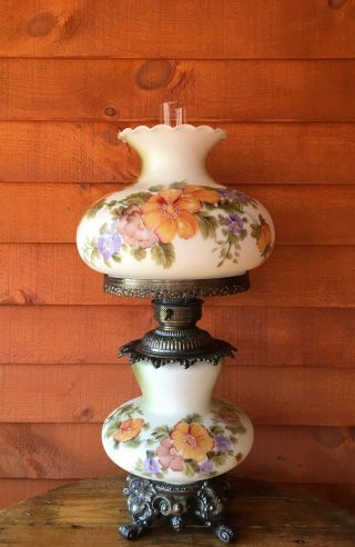 Huge Antique Gwtw Hurricane Lamp Hand Painted Flowers,  Footed Base