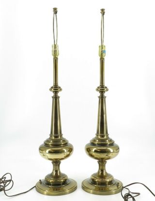 Vintage Pair Marked Stiffel Gold Brass Heavy Metal Candlestick Tall Lamps