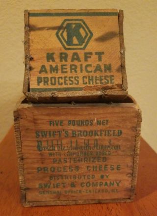2 Vintage Wooden American Cheese Boxes KRAFT 2 lb and SWIFT ' S BROOKFIELD 5 lb 2